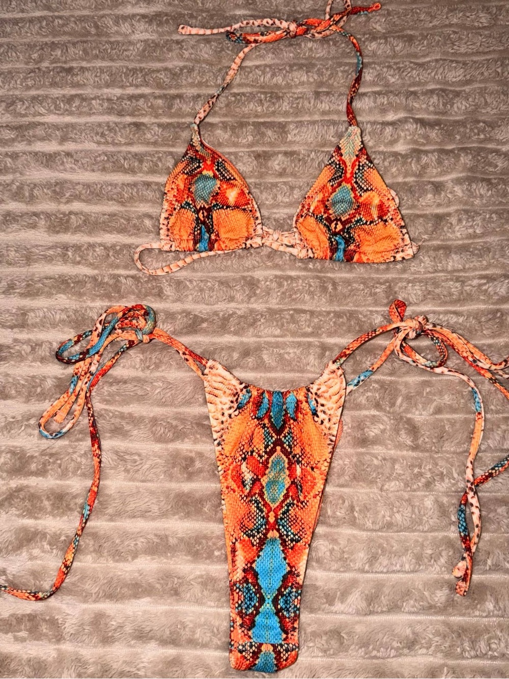 String Tie-Side Bikini in Orange and Beige - Picture 2 of 7
